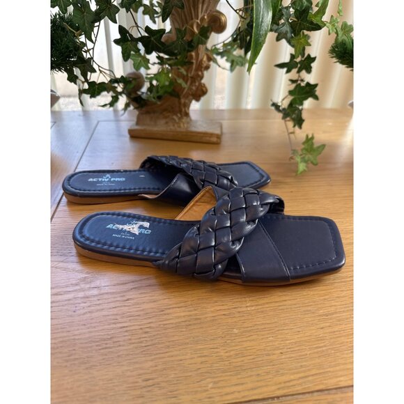 Activ-Pro Size 9-10 Womens Navy Blue Square Toe Braided Strap Slide Sandals - Picture 2 of 12